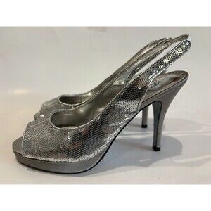 Romantic Soles Silver Sequin Slingback Platform Heels — Women's 7.5 Wide